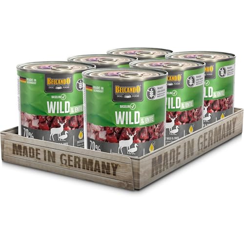 BELCANDO Baseline Nassfutter für Hunde Wild Ente 6X 800g Dose 70% Fleisch für ausgewachsene Hunde Hundefutter nass ohne Getreide Made in Germany