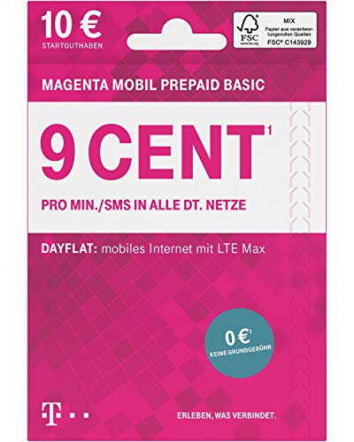 Telekom MagentaMobil Prepaid Basic SIM-Karte ohne Vertragsbindung I 9 Ct pro Min und SMS in alle dt. Netze EU-Roaming I Dayflat fÃ¼r Highspeed-Surfen mit LTE Max 1 49 EUR 24h 10 EUR Startguthaben