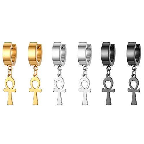 JewelryWe Schmuck 3 Paare Herren Ohrringe Set Edelstahl Creolen Huggie Ohr Manschette Ohrstecker Ohrpiercing mit Ägyptischen Ankh Kreuz Anhänger Unisex gold schwarz silber