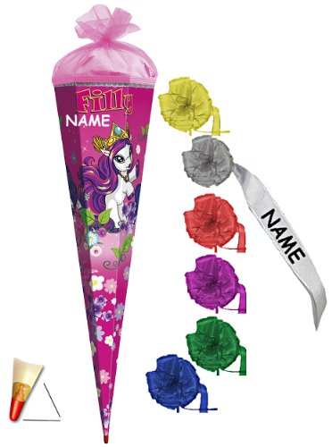 Schultüte   Pferde 22 cm   incl. Namen und individueller Schleife mit Tüllabschluß   Zuckertüte Roth Pferd Einhörner Fillys Fairy Unicorn Einhorn Magic