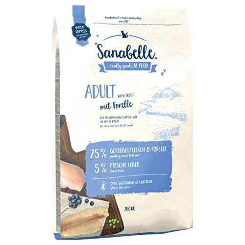 Sanabelle Trockenfutter für ausgewachsene Katzen glutenfrei mit Forellen 2 x 10 kg für Zimmerkatzen ab 1 Jahr reich an Omega-3 und 6 und Inulin