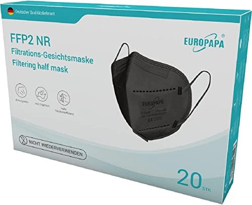 EUROPAPA 20x FFP2 Masken Schwarz 3D-Form Atemschutzmaske 5-Lagen Staubschutzmasken hygienisch einzelverpackt Stelle zertifiziert EN149 2001 A1 2009 Mundschutzmaske EU2016 425