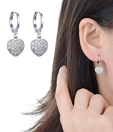 925 Sterling Silber Ohrringe Damen Creolen mit AnhÃ¤nger Herz Ohrringe HÃ¤ngend Silber Creolen Klein Durchmesser 14mm Ohrringe fÃ¼r Damen Frauen MÃ¤dchen
