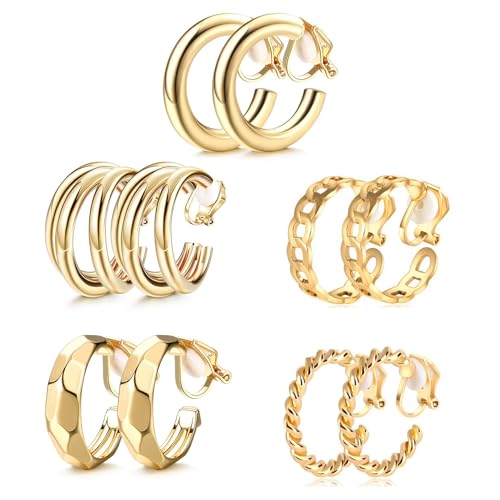 5 Paare Clip Ohrringe Klipp Ohrringe Hypoallergen Gold Ohrclips Damen Ohne Ohrlöcher Creolen Clip Ohrringe Damen Goldene Ohrringe Damen Ohne Ohrlöcher Clip on Earrings Women für Damen Frauen