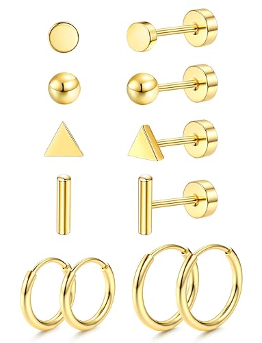 JeweBella 6Paar G23 Titan Ohrringe Damen Herren Kinder Medizinische Ohrstecker Hypoallergen Klein Titan Ohrstecker Set Titan Creolen Gesundheitsstecker Ohrringe Set Piercing Ohr Silber Gold Schwarz