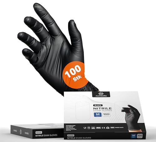 NIMEDA Nitrilhandschuhe M Schwarz 100 Stück Einweghandschuhe Latexfrei Puderfrei Black Nitrile Gloves Größe Medium