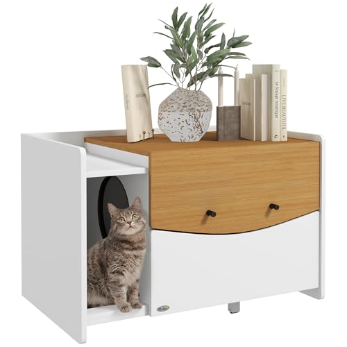 PawHut Katzenschrank für Katzentoilette Katzenklo Schrank mit ausziehbarem Schrank Streuauffangmatte Katzenhaus für Indoor 78 x 50 x 51 cm Eiche