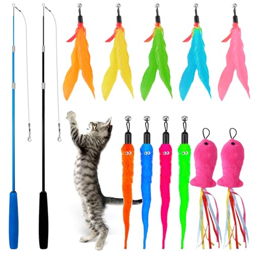 Gebiuhoo Katzenspielzeug Angeln 13 Stück Kitten Spielzeug Katzenangel mit 2 Teleskopstange 5 Federn 4 Würmer 2 Fisch Spielzeuge Flexiblen Katenangeln für Kitten Katzentraining