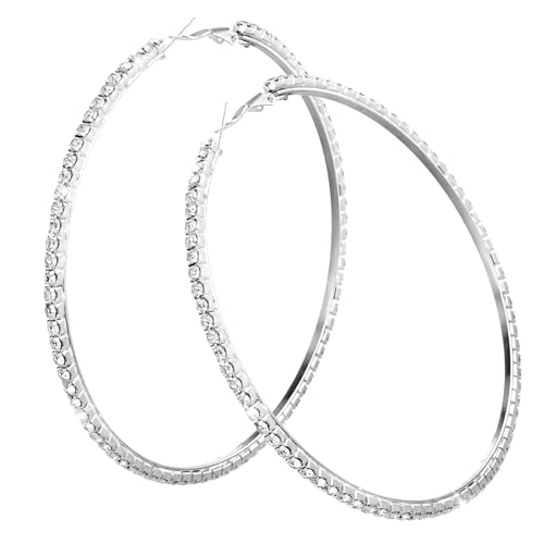 2 Paar Silber Ohrringe Creolen Silber Ohrringe Creolen Große Damen Silber Bling Creolen Große Mit Zirkonia Diamant Strass Hypoallergen Ohrringe Strass Creolen Nette Huggie Ohrringe Schmuck-Set