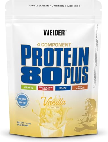 WEIDER 80 Plus Mehrkomponentenßpulver für cremige unverschämt leckereß Shakes Kombination aus Casein Milchprotein Isolat Ei Vanille 500g