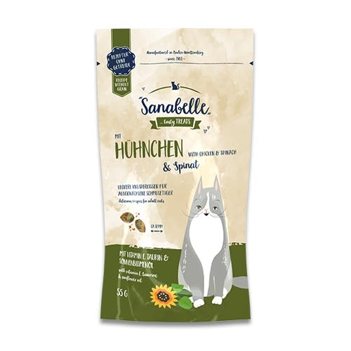 Sanabelle Knusperkissen mit Huhn und Spinat Ergänzungsfuttermittel für augewachsene Katzen 20 x 55 g