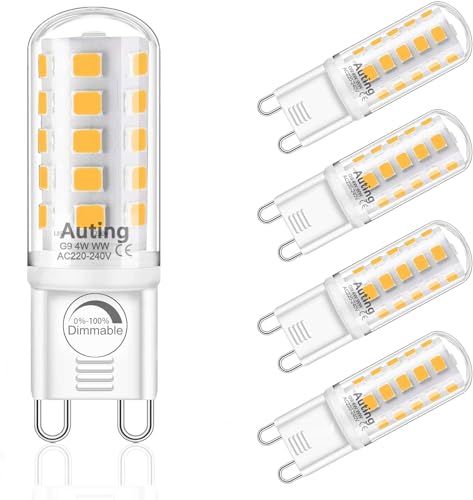 Auting G9 Warmweiß Dimmbar 2700K AC220 240V 4W Ersatz 40W G9 Halogenlampe 4W Glühbirne G9 Leuchtmittel 400Lm Warmweiss für Drinnen und Draußen Schmücken Beleuchtung Kein Flackern Glühlampe