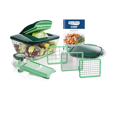 Nicer Dicer Chef Gemüseschneider Gemüsehobel 10.tlg Küche Helfer als Zwiebelschneider Salatschneider Würfelschneider Pommesschneider Wellenschneider Multizerkleiner für Obst Gemüse mit Rezept