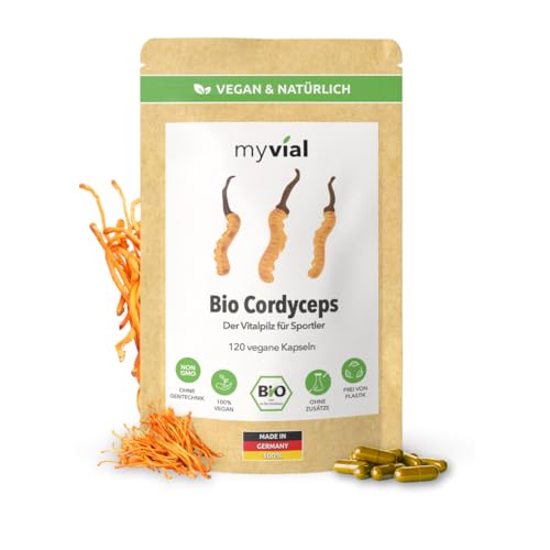 myvial Bio Cordyceps Kapseln 120 Stück vegan 60-Tage-Vorrat 500mg pro Kapsel plastikfrei verpackt für Immunsystem und Ausdauer Cordyceps sinensis