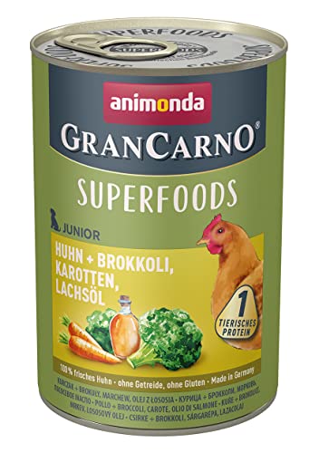 animonda GranCarno Junior Superfoods Hundefutter Nassfutter für Hunde im Wachstum Huhn Brokkoli Karotten Lachsöl 6 x 400 g