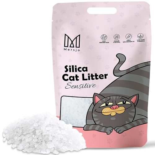 MERSJO Sensitive Premium Silikat Katzenstreu - Natürlich Geruchsfrei Komfortabel für Empfindliche Katzen Staubfrei Klumpenfrei Absorbiert Gerüche verhindert Bakterienwachstum 3.8L