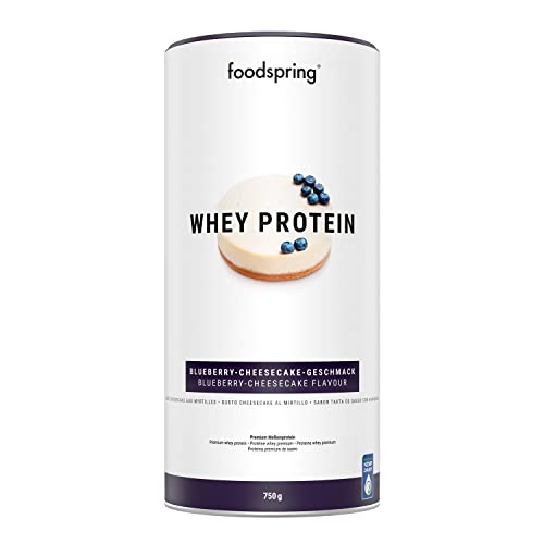 foodspring Whey Blueberry Cheesecake Mit 23g Eiweiß zum Muskelaufbau perfekte Löslichkeit aus Weidemilch reich an BCAAs EAAs   750g