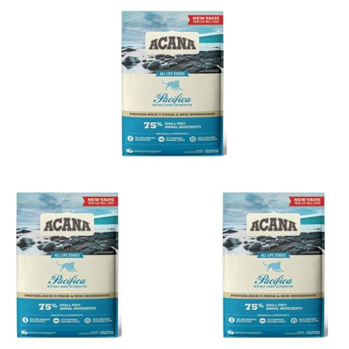 Acana Pacifica 3er Pack 3 x 340 g Trockenfuttermittel für Katzen Aller Rassen Lebensphasen Enthält Hering Makrele Flunder Hecht und Rotbarsch aus Wildfang