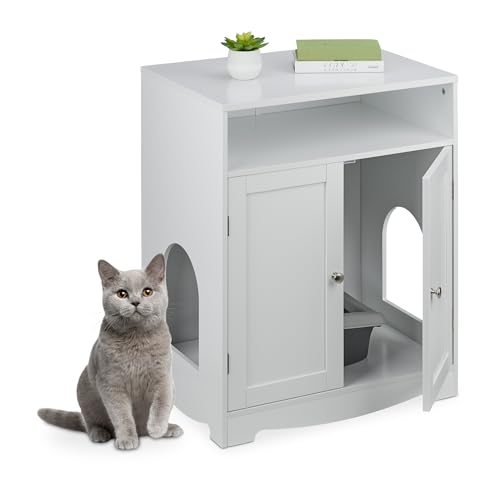 Relaxdays Katzenschrank für Katzentoilette 2 seitliche Eingänge offenes Fach HBT 73 5x60x43 5 cm Katzenhaus weiß