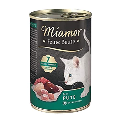 MIAMOR - Feine Beute Nassfutter für ausgewachsene Katzen mit 7 Sorten Fleisch und Innereien. Getreidefreies Alleinfutter mit Taurin in der Dose ohne künstliche Zusätze 12x400g Pute