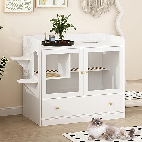 DEZAGCE Katzenschrank für Große Katzen Katzenklo-Schrank Katzenhaus Katzentoilette für Katzen Beistelltisch Katzenhaus mit Spielbereich und Vitrinentüren 60 x 90 x 100 cm weiß MDF