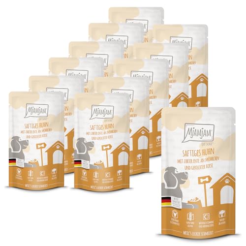 MjAMjAM - Premium Nassfutter für Hunde - Quetschie - saftiges Huhn mit zarter Ente an Möhrchen und gekochter Hirse 12er Pack 12 x 125g glutenfrei mit extra viel Fleisch