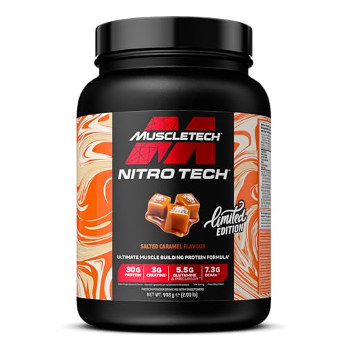 MuscleTech NitroTech Whey Protein Pulver Whey Isolate Proteinpulver Mit 3g Kreatine Proteinpulver für Männer Und Frauen 7.3g BCAA 20 Portionen 908g Gesalzenes Karamell