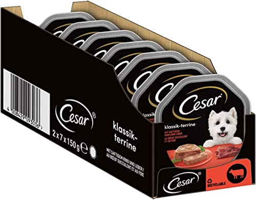 Cesar Adult Hundenassfutter Klassik-Terrine mit saftigem Rind und Leber 14 Schalen 14x150g Premium Hundefutter nass ohne Zuckerzusatz künstliche Aroma oder Farbstoffe