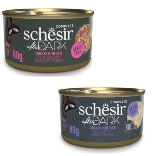 Schesir After Dark Nassfutter für Katzen in Pastete und Brühe 2er Pack 24 x 80 g sortiert 24 x 80 g Huhn mit Schinken in Brühe Hühnchen mit Pastete