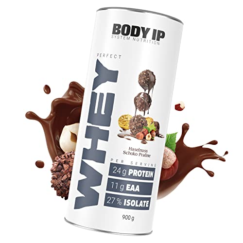 BODY IP Perfect Whey Protein Pulver Haselnuss Schoko Praline Eiweißpulver für Protein Shake Muskelaufbau hoher BCAA Anteil 30 Portionen Whey Isolat Konzentrat hoher Eiweißgehalt 900g