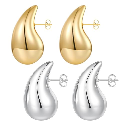 2 Stück Ohrringe Dupes Chunky Earrings für Damen Ohrringe Gold Creolen Hypoallergen Silber Ohrringe Waterdrop Dicke Creolen vergoldete Ohrringe Modeschmuck für Frauen und Mädchen