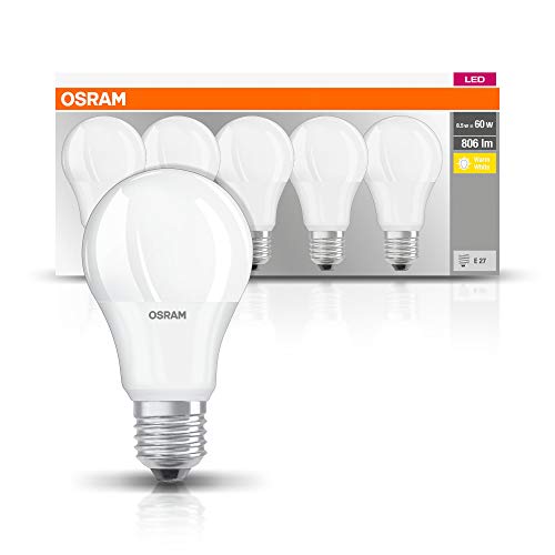 Osram Base Classic A Lampe Sockel E27 Warm White 2700 K 8 50 W Ersatz für 60 W Glühbirne 5 Stück