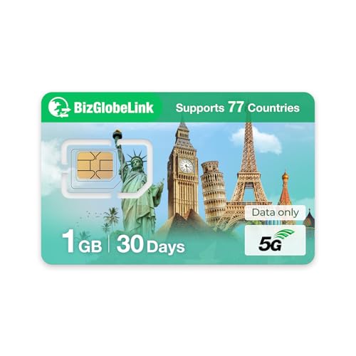 EIOTCLUB Prepaid SIM für Reisen BizGlobeLink SIM-Karte Internationale Nutzung in 77 Ländern nur Daten 5G 4G LTE ohne Vertrag nachfüllbar für Handys WLAN-Router Tablets.