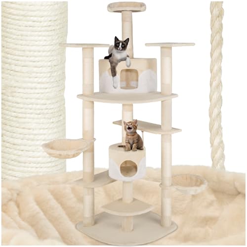 tectake Katzen Kratzbaum groß Katzenbaum mit Zubehör und Katzenspielzeug XXL Katzenkratzbaum mit 2X Katzenhaus Spielturm mit Kratzsäule Kratzstamm aus Sisal - beige weiß