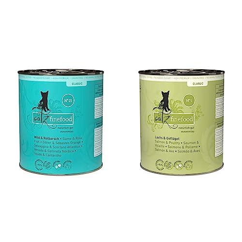 catz finefood N 21 Wild Rotbarsch Feinkost Katzenfutter nass N 5 Lachs Geflügel Feinkost Katzenfutter nass verfeinert mit Spinat Tomate 6 x 800g Dosen