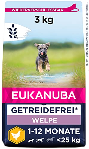 Eukanuba Welpenfutter getreidefrei mit Huhn für kleine und mittelgroße Rassen - Trockenfutter ohne Getreide für Junior Hunde 3 kg