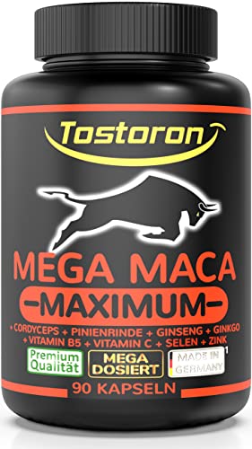 Tostoron MEGA MACA MAXIMUM hochdosiert - hol dir jetzt den TOSTORON HAMMER direkt nach Hause 90 Kapseln Cordyceps Pinienrinden Extrakt Ginseng Ginkgo Vitamin C B5 Selen Zink 1x76 6g