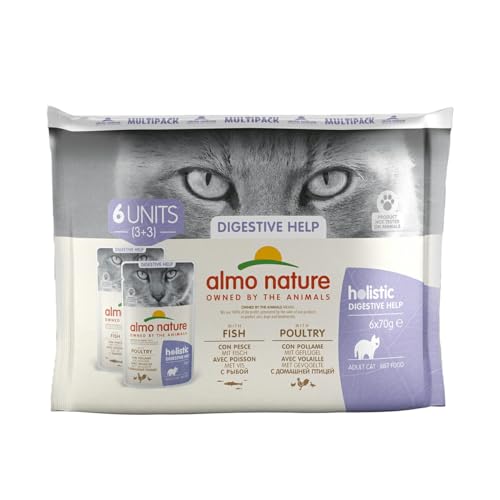 almo nature Multipack Holistic Digestive Help 3 x Mit Fisch - 3 x Mit Geflügel. Alleinfutter für Erwachsene Katzen Nassfutter 6er Pack 6x70g