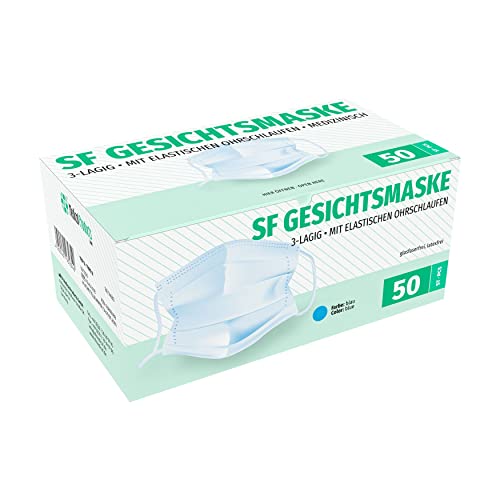 SF Mundschutz 50 Stück Medizinisch Chirurgische Type II Norm EN 14683 zertifizierte Mundschutzmasken OP Masken 3-lagig Mundschutz Gesichtsmaske Einwegmaske Mund und Nasenschutz
