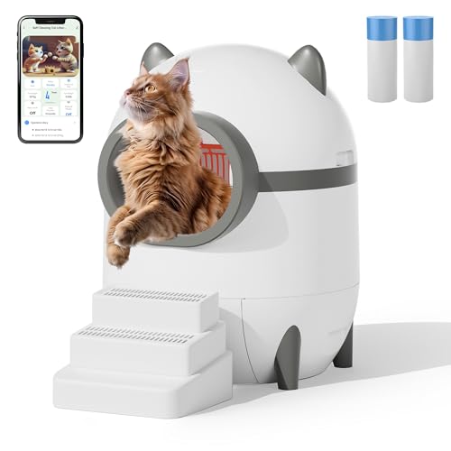 EROMMY Selbstreinigende Katzentoilette 75 L automatisches katzenklo mit APP Sieb und Treppe Anti Pinch Self Cleaning Cat Litter Box selbstreinigende katzentoilette für Mehrere Katzen Weiss