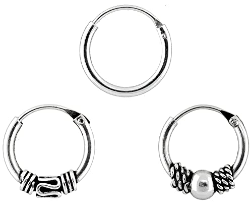 ENTREPLATA Ohrringe aus 925er-Sterlingsilber für Damen Mädchen Herren Jungen Unisex drei Kreolen zwei Bali-Creolen 12 und 10 mm und ein glatter Ring von 12 mm.