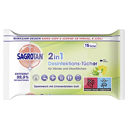 2in1 Desinfektionstücher mit Zitronenblüten Duft Zum Desinfizieren von Händen und Oberflächen 1x 15 Feuchttücher wiederverschließbarer Verpackung