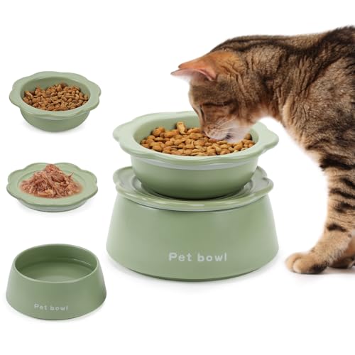 HAPPY HACHI Katzennapf Erhöht Keramik Katzen Napfset Kätzchen Nassfutter Trockenfutter und Wassernapf 3in1 Gesunde Ernährung Fütterung Futternapf Katze Erhöhter