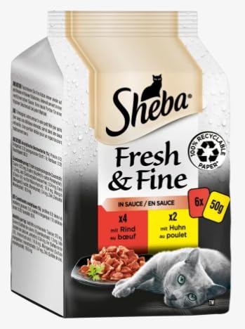 Sheba Fresh Fine Sachet Nassfutter für Katzen in Sauce mit Huhn und Rind 36 Portionsbeutel 6 x 6 x 50 g