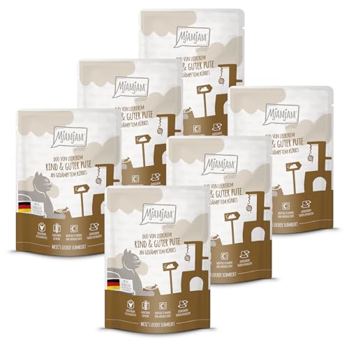 MjAMjAM - Premium Nassfutter für Katzen - Quetschie - DUO von leckerem Rind guter Pute an gedämpftem Kürbis 6er Pack 6 x 300g getreidefrei mit extra viel Fleisch