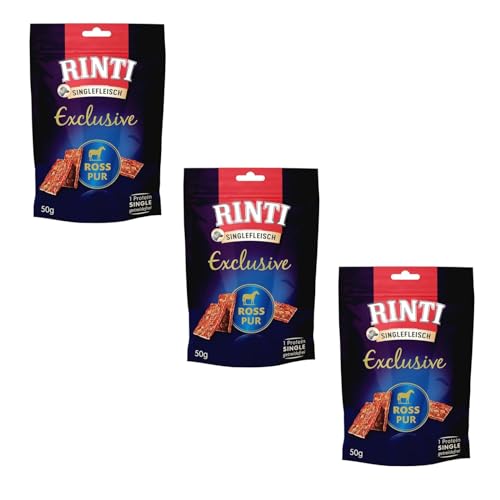 Rinti Singlefleisch Exclusive Snack Ross Pur 3er Pack 3 x 50 g Ergänzungsfuttermittel für ausgewachsene Hunde Ausschließlich Ross für empfindliche Hunde bei Allergien Als Belohnung