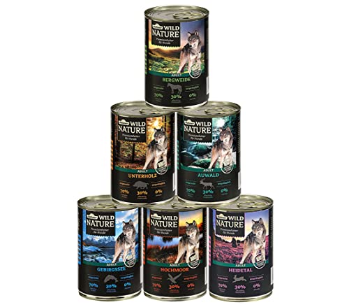 Dehner Wild Nature Hundefutter Probier-Set Nassfutter getreidefrei zuckerfrei für ausgewachsene Hunde Ente Pferd Wild Kaninchen 6 x 400 g Dose 2.4 kg