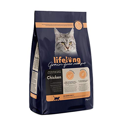 Amazon-Marke Lifelong - Katzenfutter für ältere Katzen Senior Fein zubereitetes Trockenfutter mit frischem Huhn Getreidefreie Rezeptur 3 kg 1er-Pack