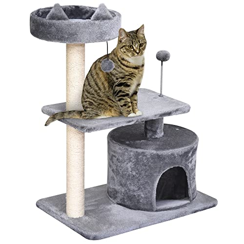 PawHut Katzenbaum mit Hängebett 3-Stock Kratzbaum Katzenhöhle Katzenhaus mit Spielbällen mit Sisalsäule und Kratzbrett Plüsch Grau 60 x 40 x 81 cm