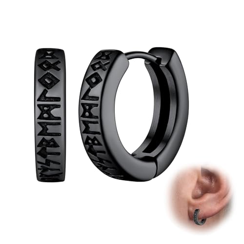 Lilbitty 1 Paar Nordischer Wikinger Hoop Ohrringe für Herren Amulett Schutzschmuck aus Edelstahl mit Nordic Elder Runen Ohrringe Männer Creolen Ohrstecker Schwarz